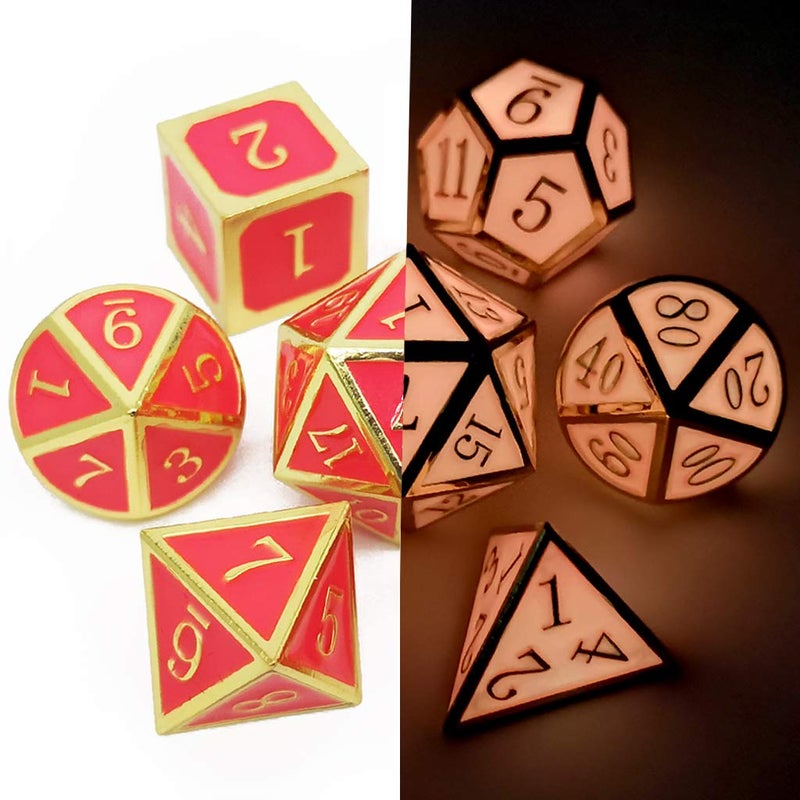 Haxtec Glow in The Dark Metal DND Dice Set Gold Pink D&D Dice Compatible with Dungeons and Dragons-Gold Glowing Red/Cream Pink - Image 3